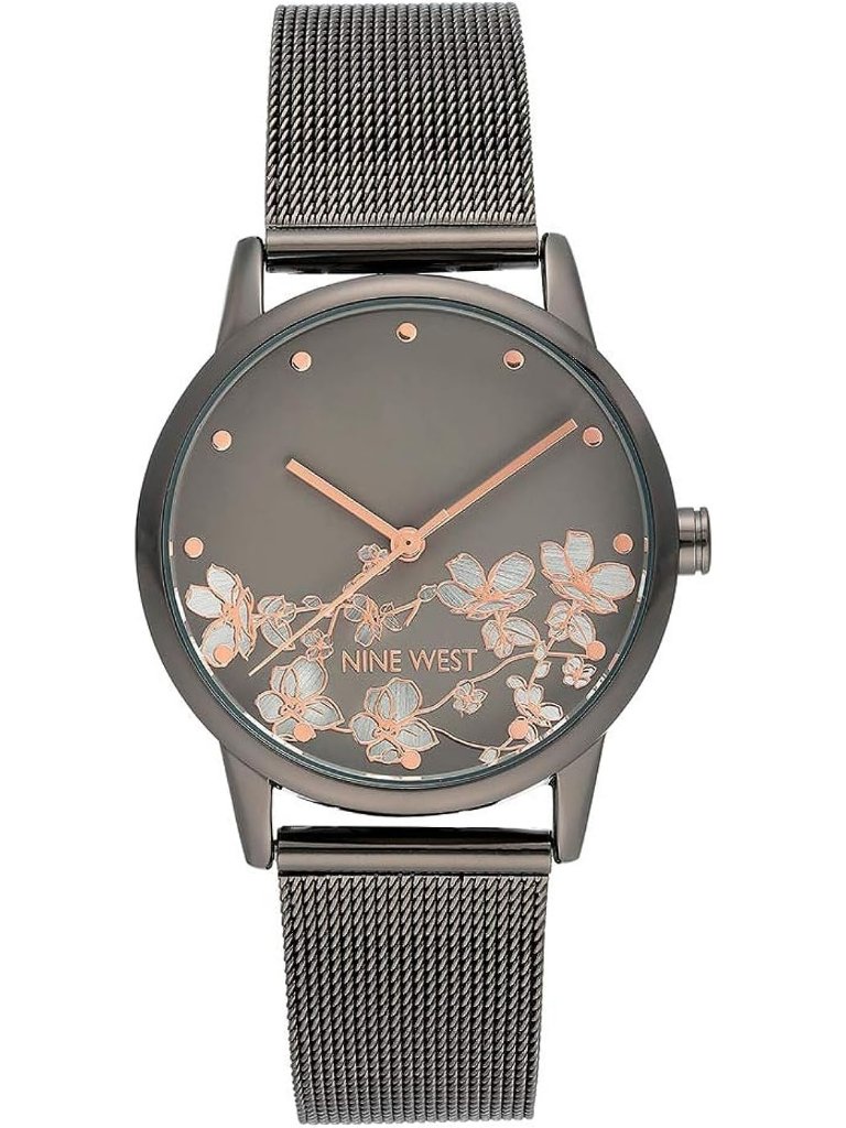 Nine West Women's Silver And Grey Analog Quartz Floral Dial Mesh Bracelet Watch